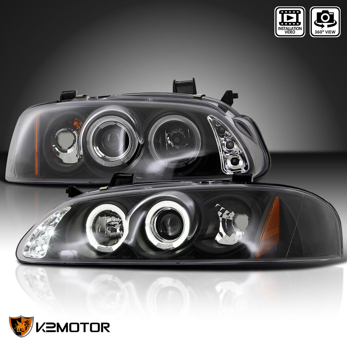 Black Fits 2000-2003 Sentra LED Halo Projector Headlights Lamps Left+Right
