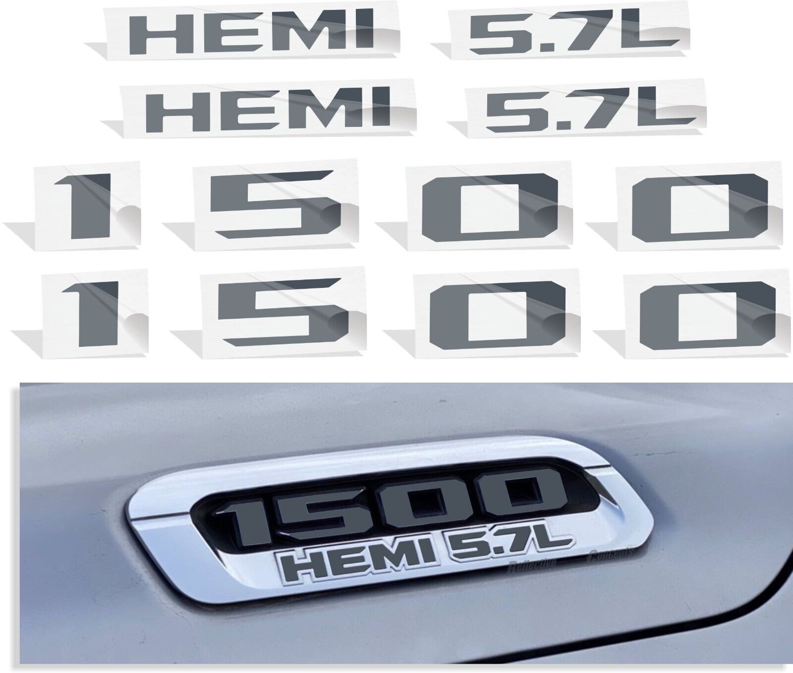1500 HEMI 5.7L Hood Emblem Overlay Decals for 2019 2020 2021 2022 Ram