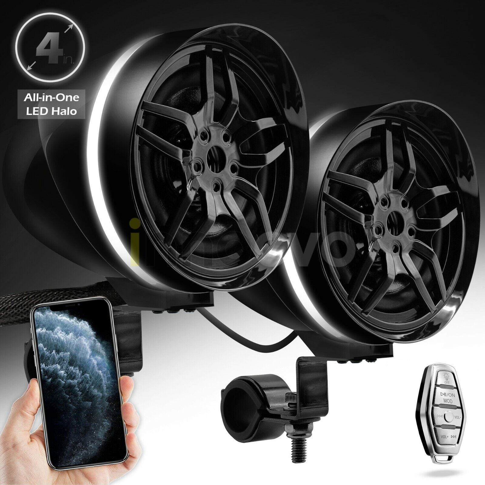 Waterproof Bluetooth ATV RZR Stereo LED Halo Speakers MP3 Audio System USB AUX