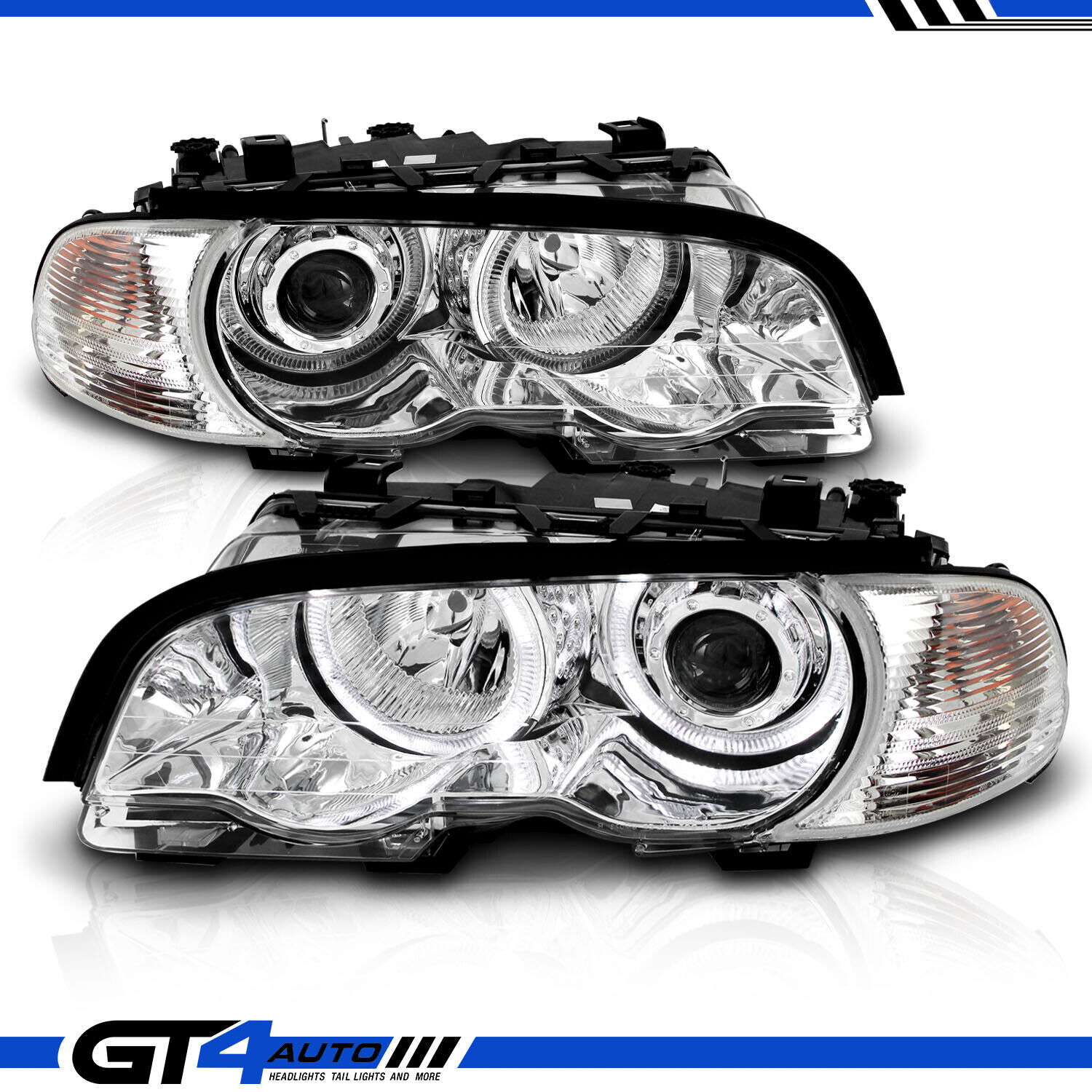 1999-2001 BMW E46 3-Series Coupe Dual LED Halo Projector Chrome Headlights Pair