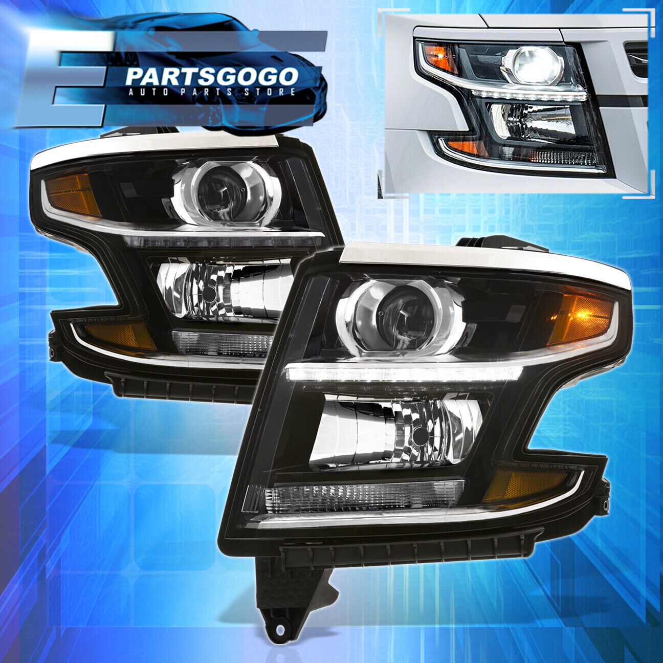 For 15-20 Chevy Tahoe Suburban Black Amber Projector Headlights LED Strip Lamps