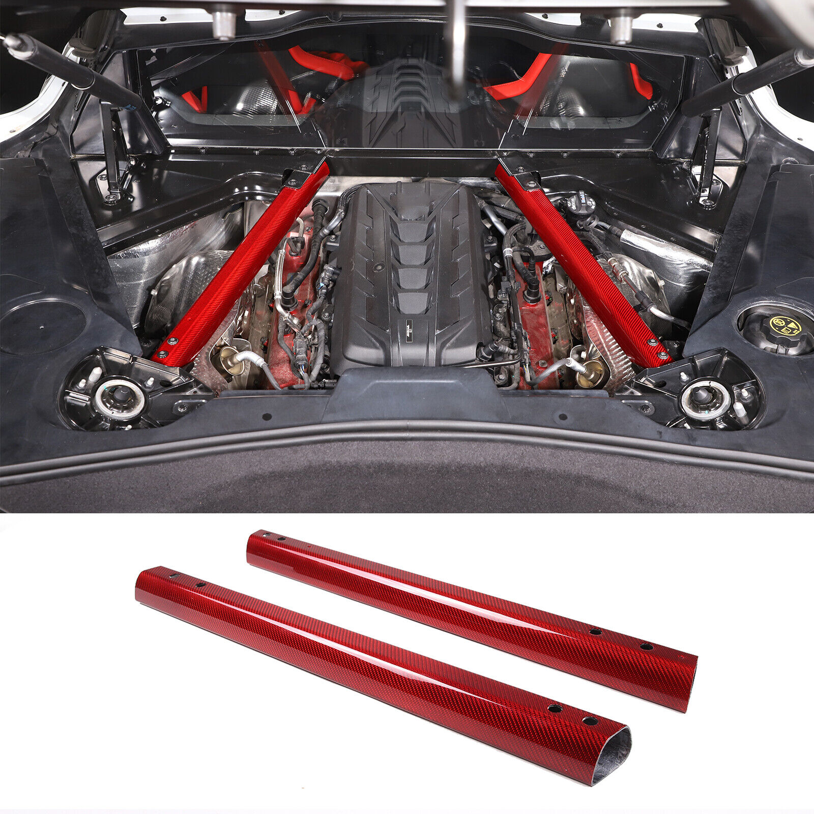 Red Real Carbon Fiber STRUT TOWER SUPPORT BAR Fits Corvette C8 Coupe 2020-2024