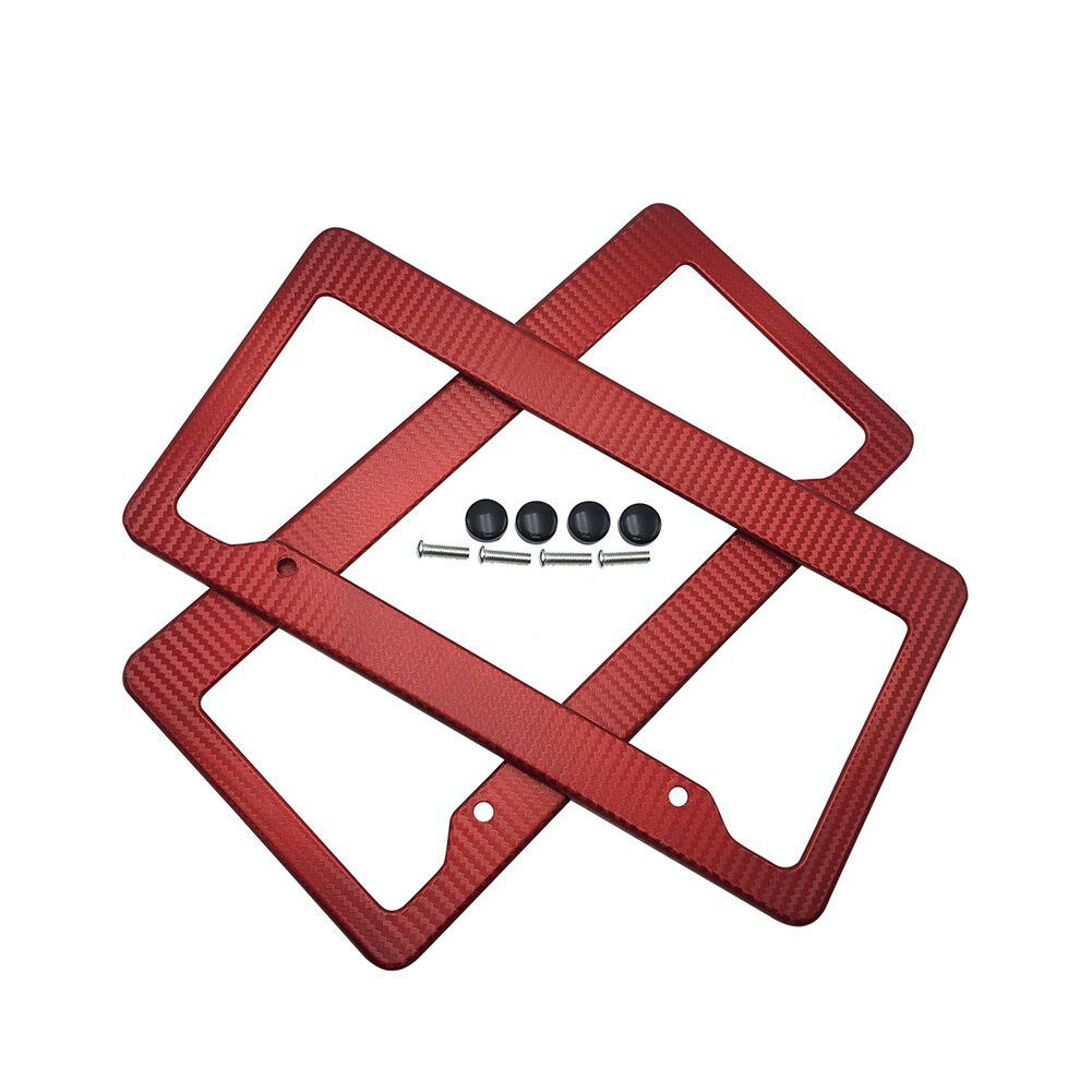 2Pcs Plastic Red Carbon Fiber Style License Plate Frames Front & Rear Bracket