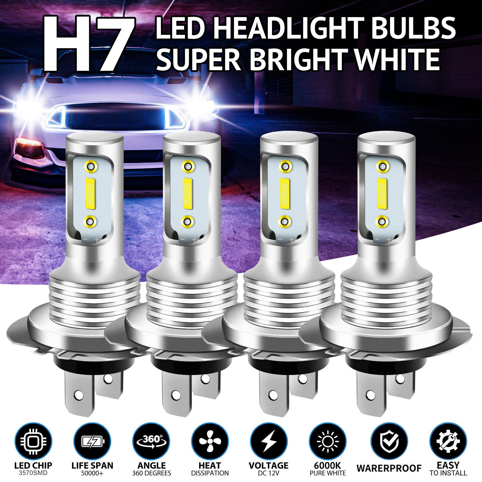 4x H7 LED Headlight Bulb Kit High Low Beam 220W 32000LM Super Bright 6000K White