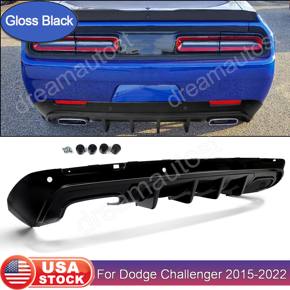 For 2015-22 Dodge Challenger Rock Style Rear Bumper Lip Diffuser Gloss Black PP