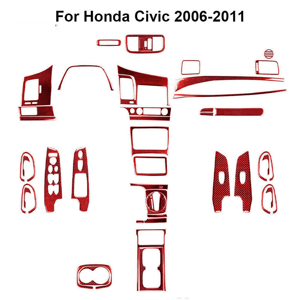 46Pcs For Honda Civic 8th 2006-11 Red Carbon Fiber Full Interior Kit Cover Trim