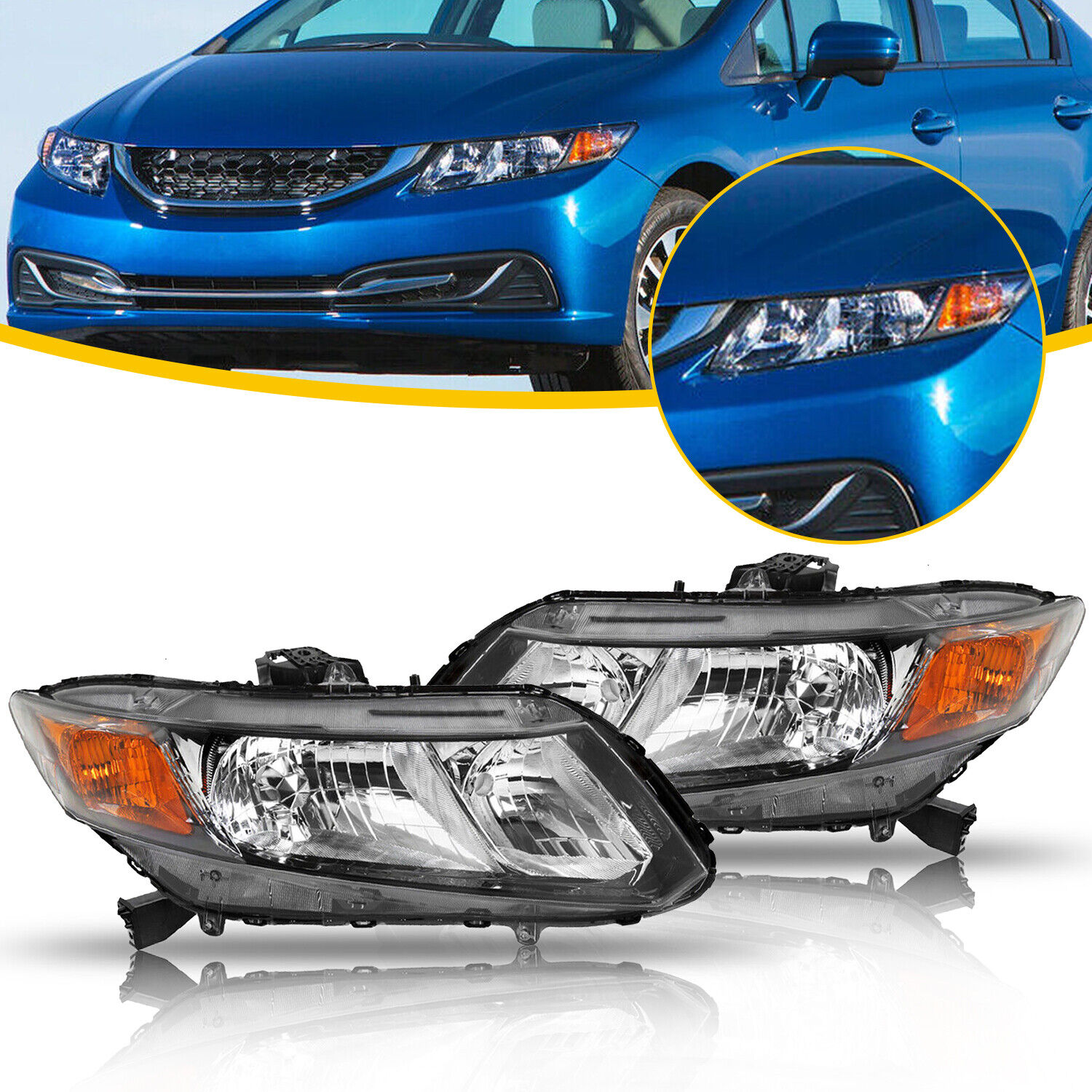 Left+Right Pair Headlamps For 2012-15 Honda Civic Sedan Headlights Black Housing