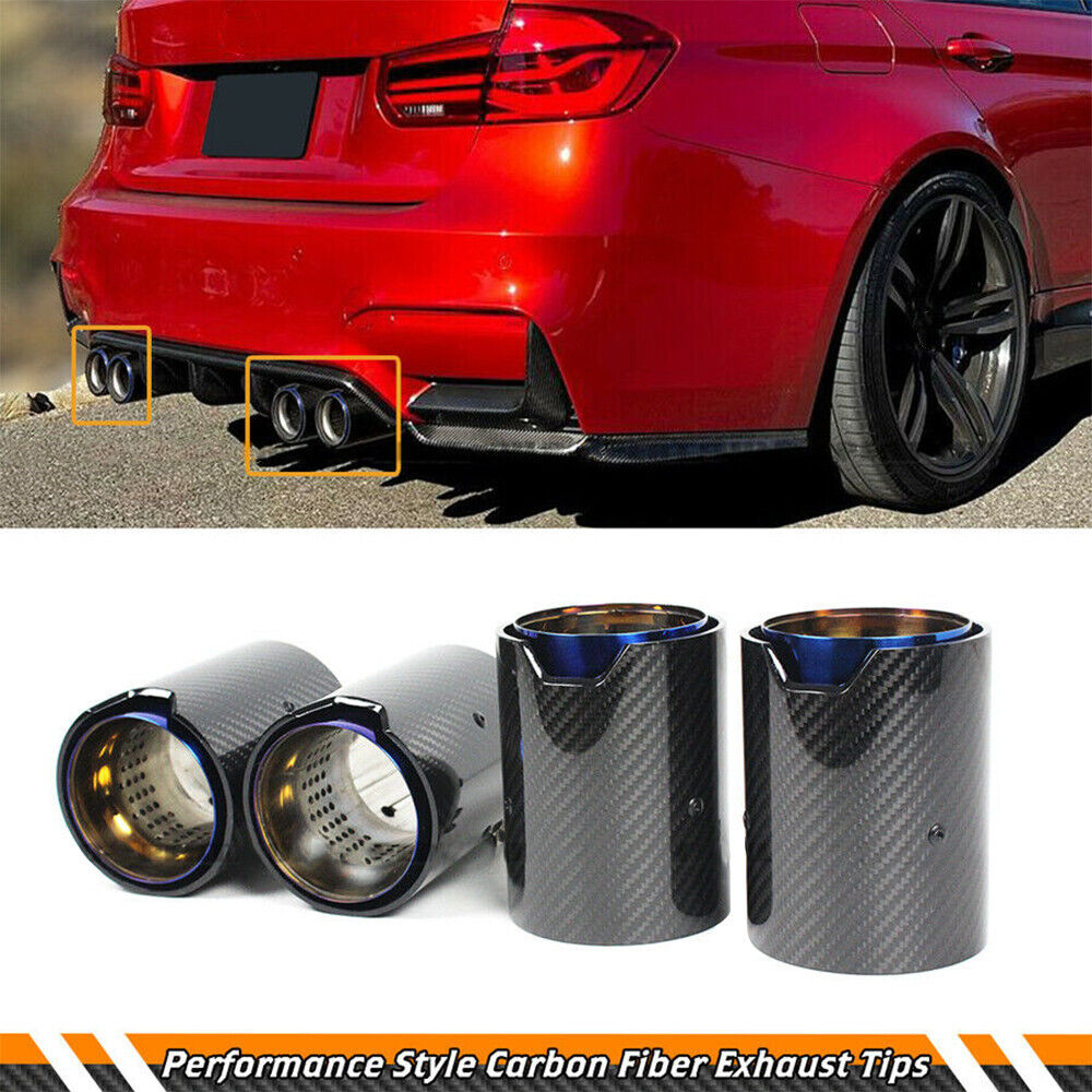 4x CARBON FIBER STAINLESS BLUE BURNT TIP EXHAUST PIPE FINISHER FOR BMW M2 M3 M4