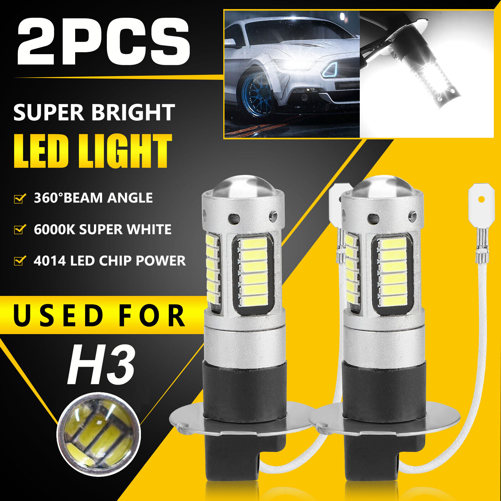 2PCS H3 LED Fog Driving Light Bulbs Conversion Kit Super Bright DRL 6000K White