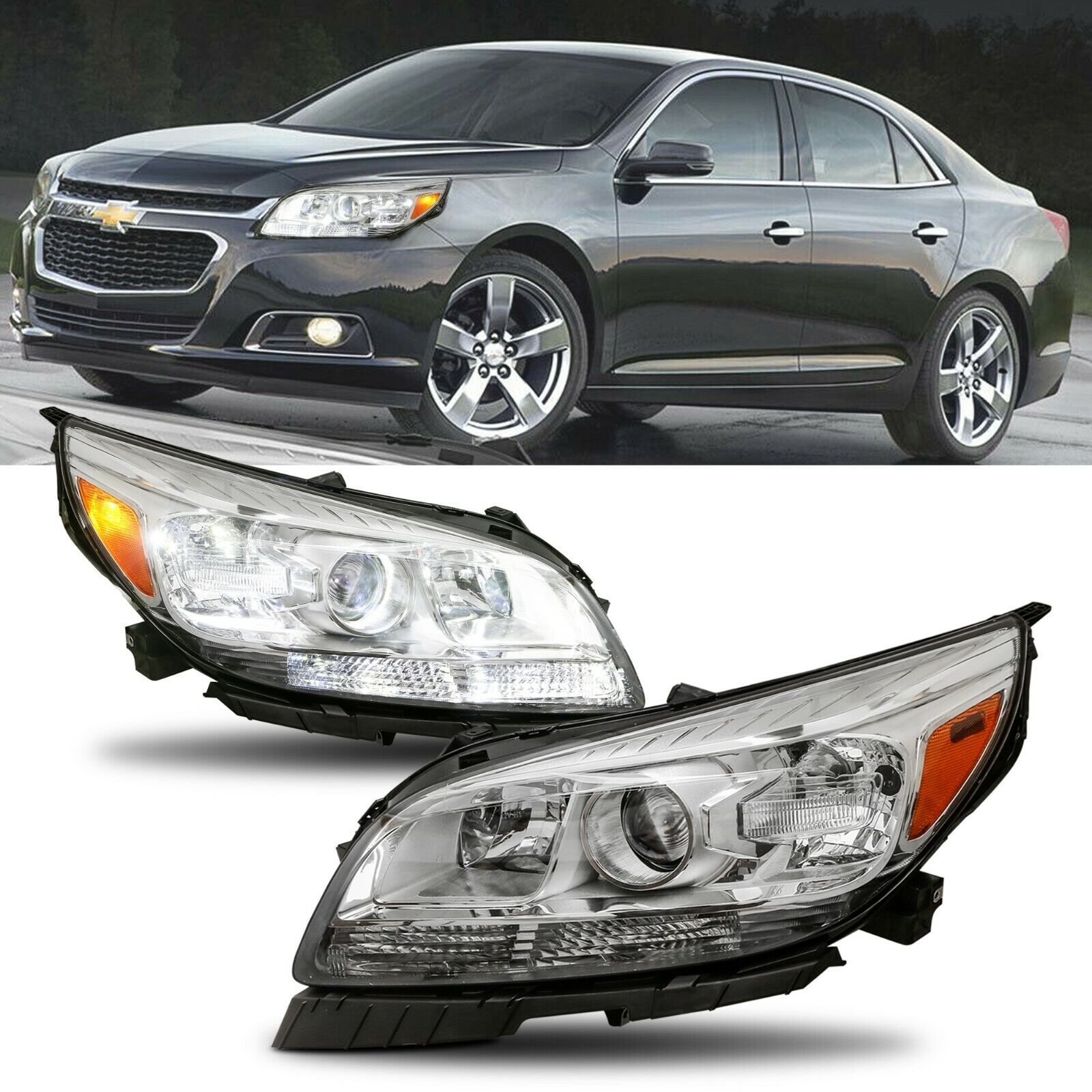 Left & Right Projector Headlights Assembly Headlamps For 2013-2015 Chevy Malibu