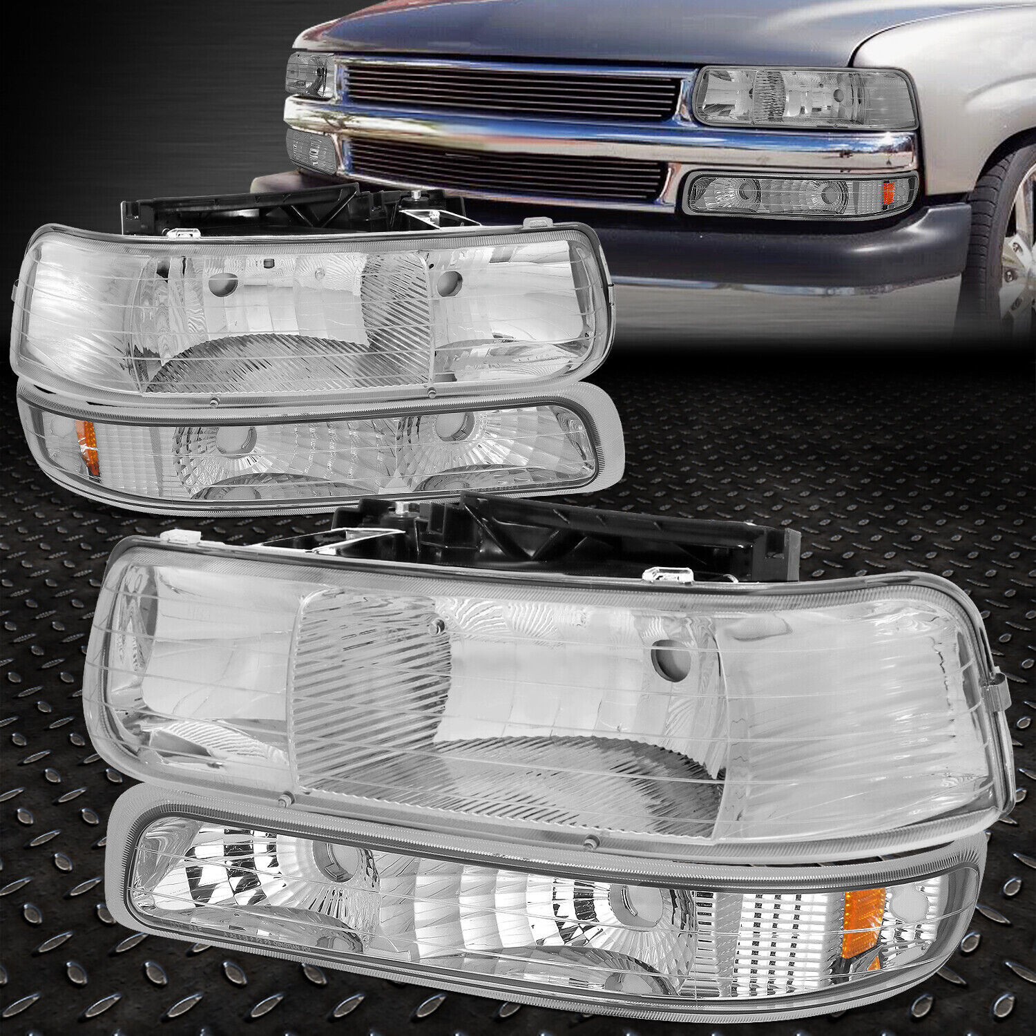 For 99-06 Chevy Silverado Suburban Tahoe Chrome Headlight w/ Bumper Signal Lamps