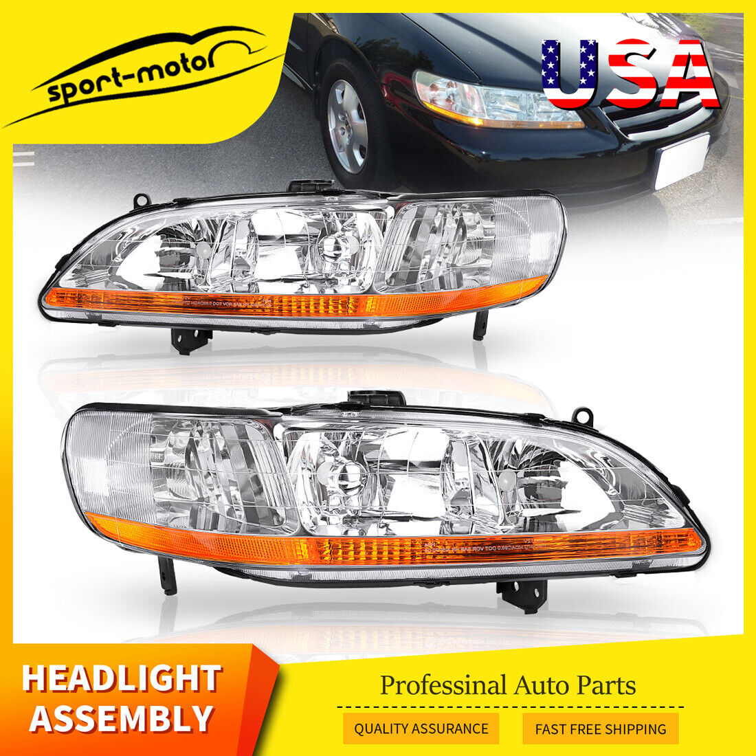 Headlights Assembly Replacement for 1998-2002 Honda Accord w/ Amber Reflector