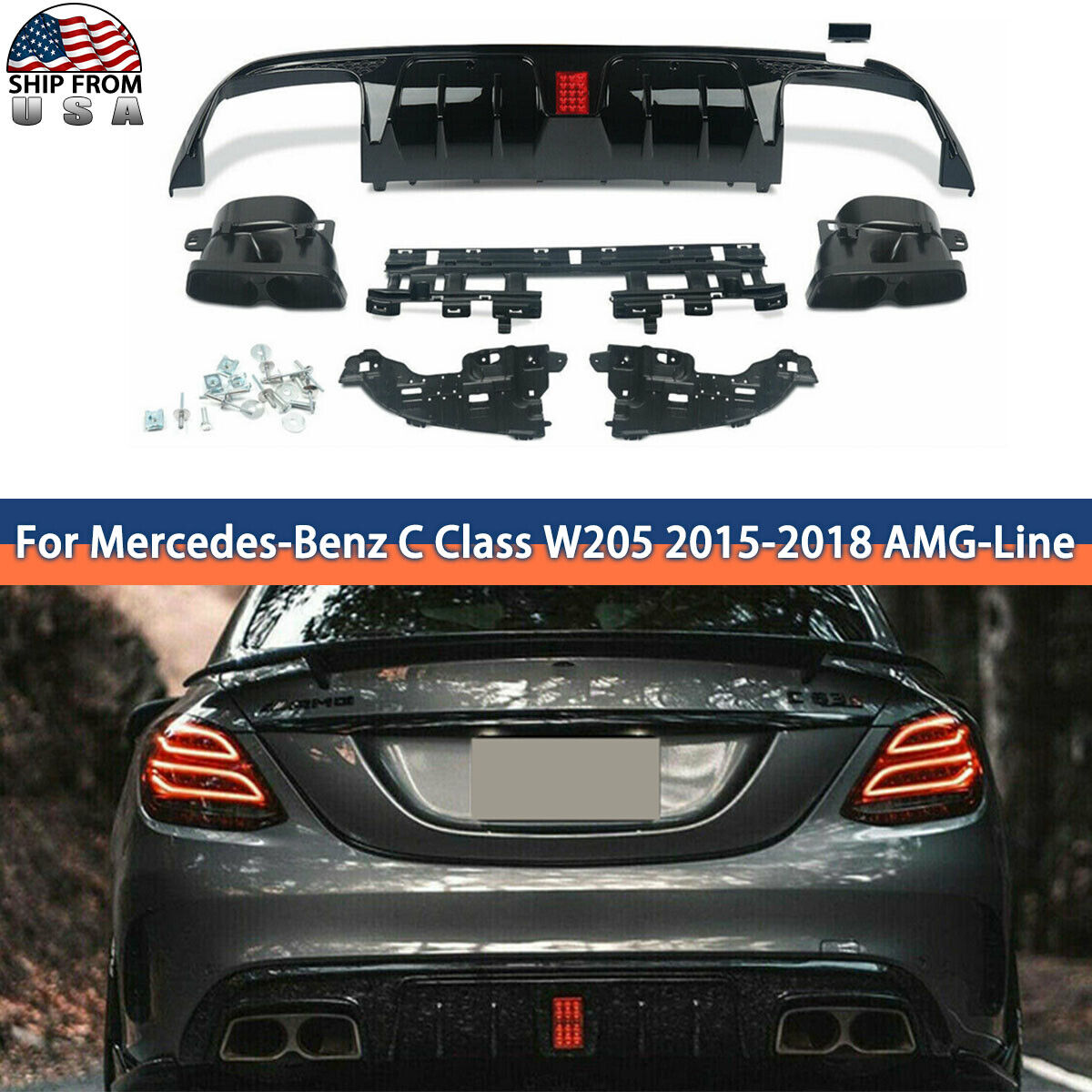 Rear Bumper Diffuser Lip Set W/Exhaust Tip For 2015-2018 Benz W205 C63 AMG C43