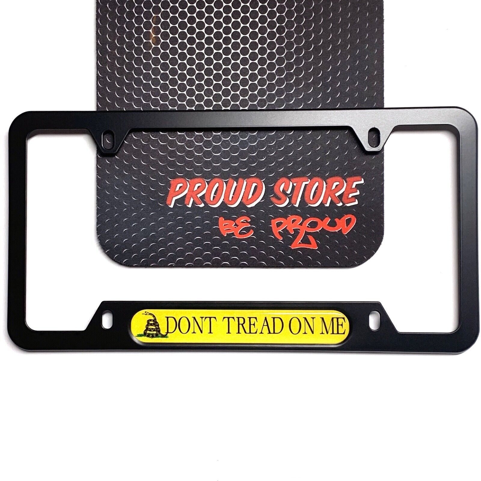 REFLECTIVE DONT TREAD ON ME Domed BLACK License Plate Frame -US Size-USA Yellow