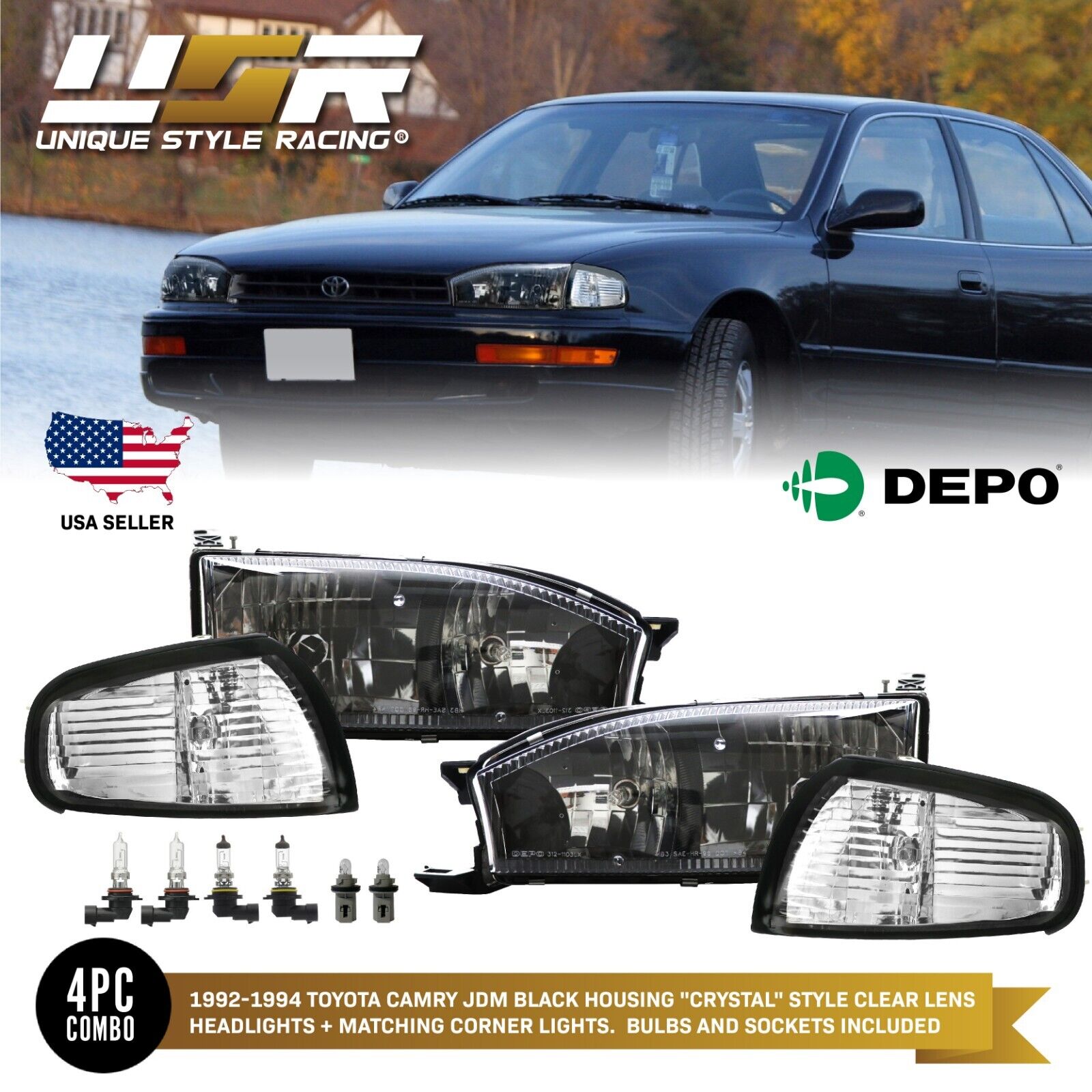 4PCS DEPO JDM BLACK Headlight + Clear Corner Lights For 1992-1994 Toyota Camry