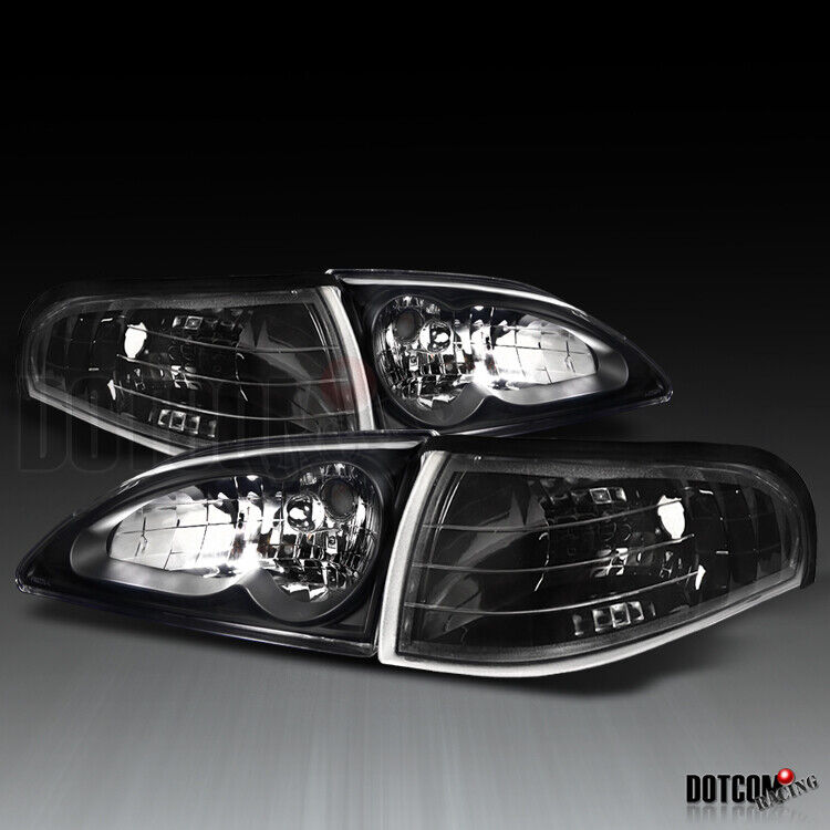 Fit 1994-1998 Ford Mustang Black Headlights+Corner Lights Turn Signal Lamps