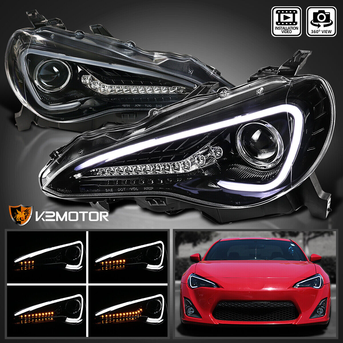 [LED Sequential Signal] Fits 2012-2016 FR-S Projector Headlights Lamps Jet Black