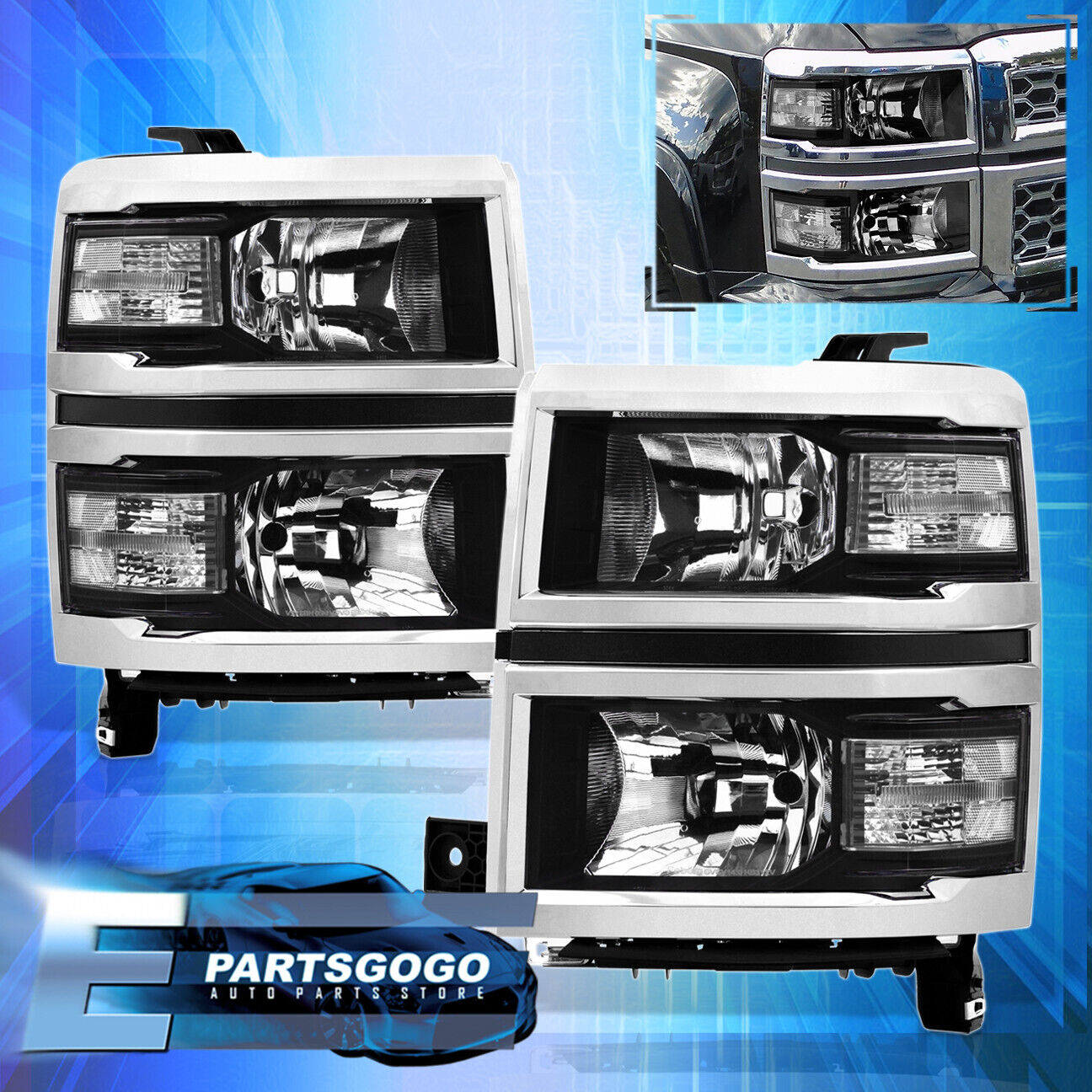 For 14-15 Chevy Silverado 1500 Pickup Black Clear Headlights Lamps Left & Right