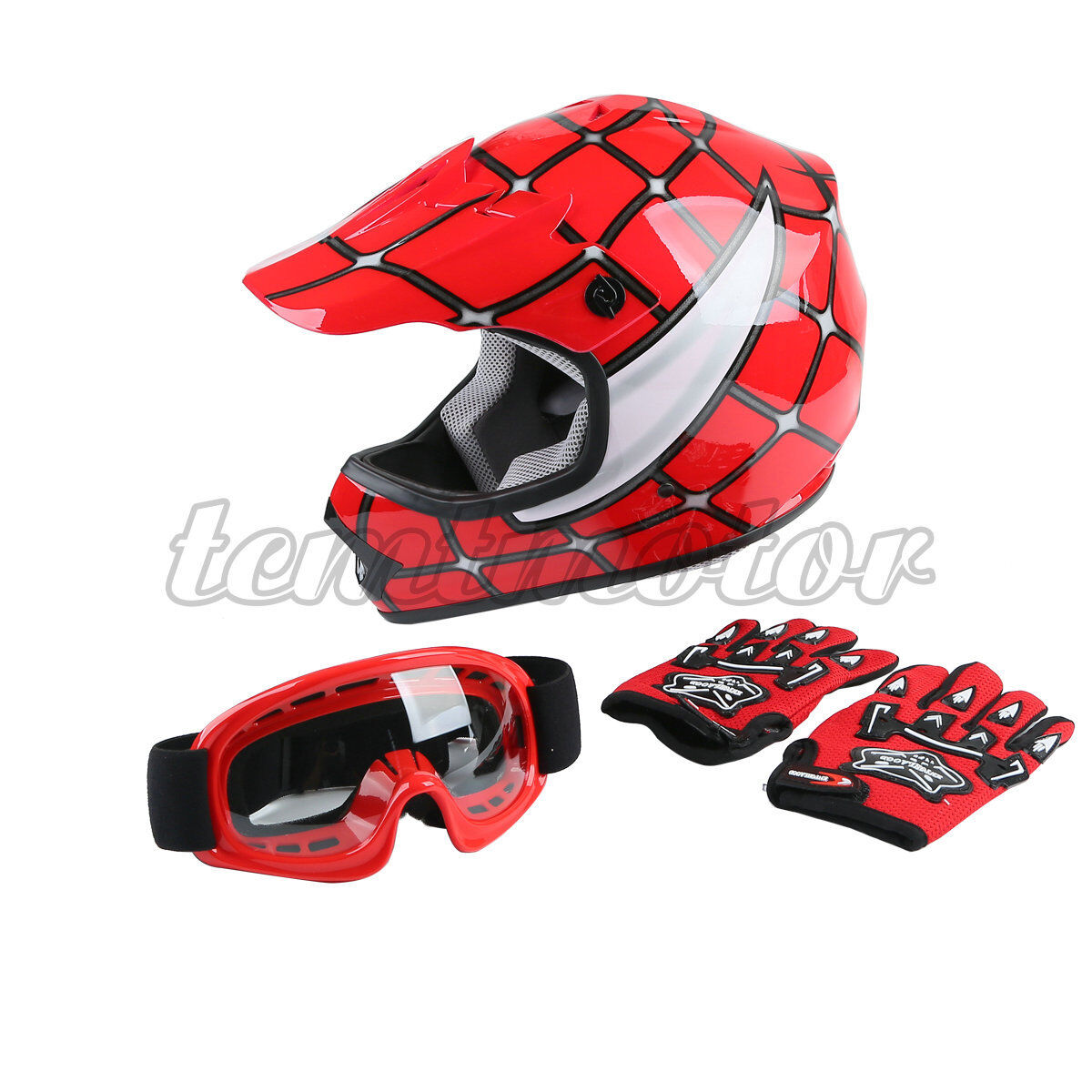 Youth DOT Red Spider Net Helmet Goggles Gloves ATV Dirt Bike Motocross S M L XL