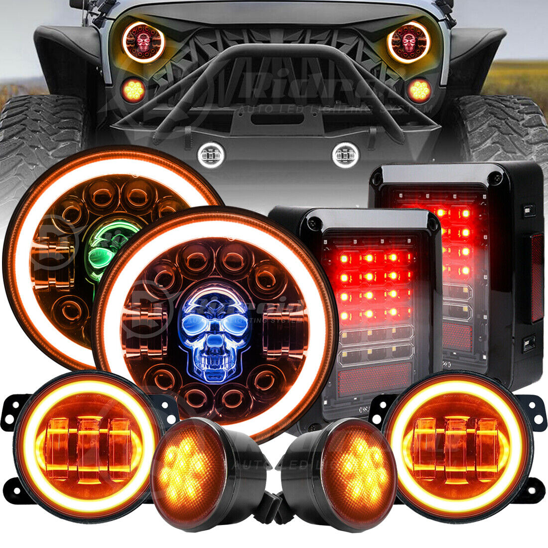 RGB 7'' LED Headlights Fog Turn Tail Brake Lights Combo for Jeep Wrangler JK JKU