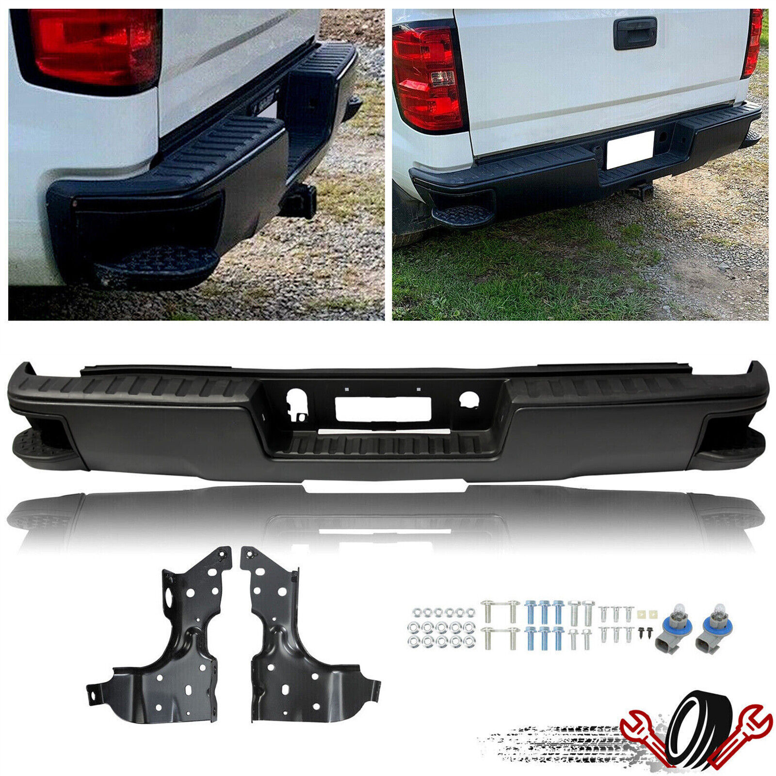 Black Rear Step Bumper w/o Sensor Holes For 14-18 Chevy Silverado/Sierra 1500