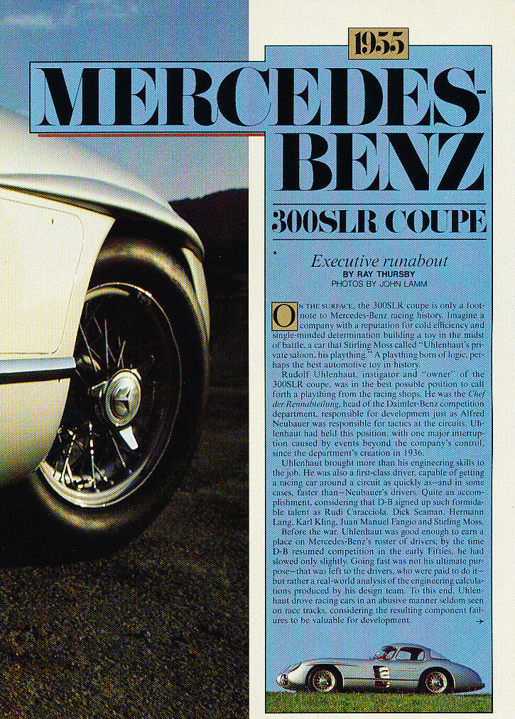 1955 Mercedes Benz 300SLR Coupe -  Classic Car Original Print Article J182