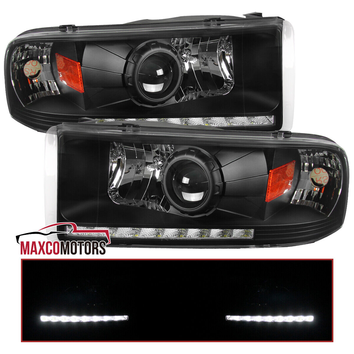 Black Projector Headlights Fits 1994-2001 Dodge Ram 1500 2500 3500 LED Strip L+R