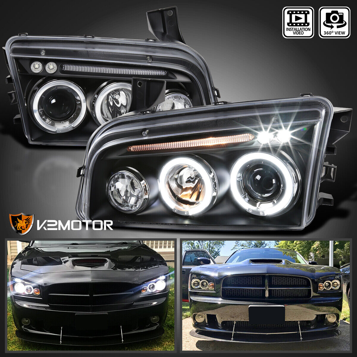 Black Fits 2006-2010 Dodge Charger LED Halo Projector Headlights Lamp Left+Right