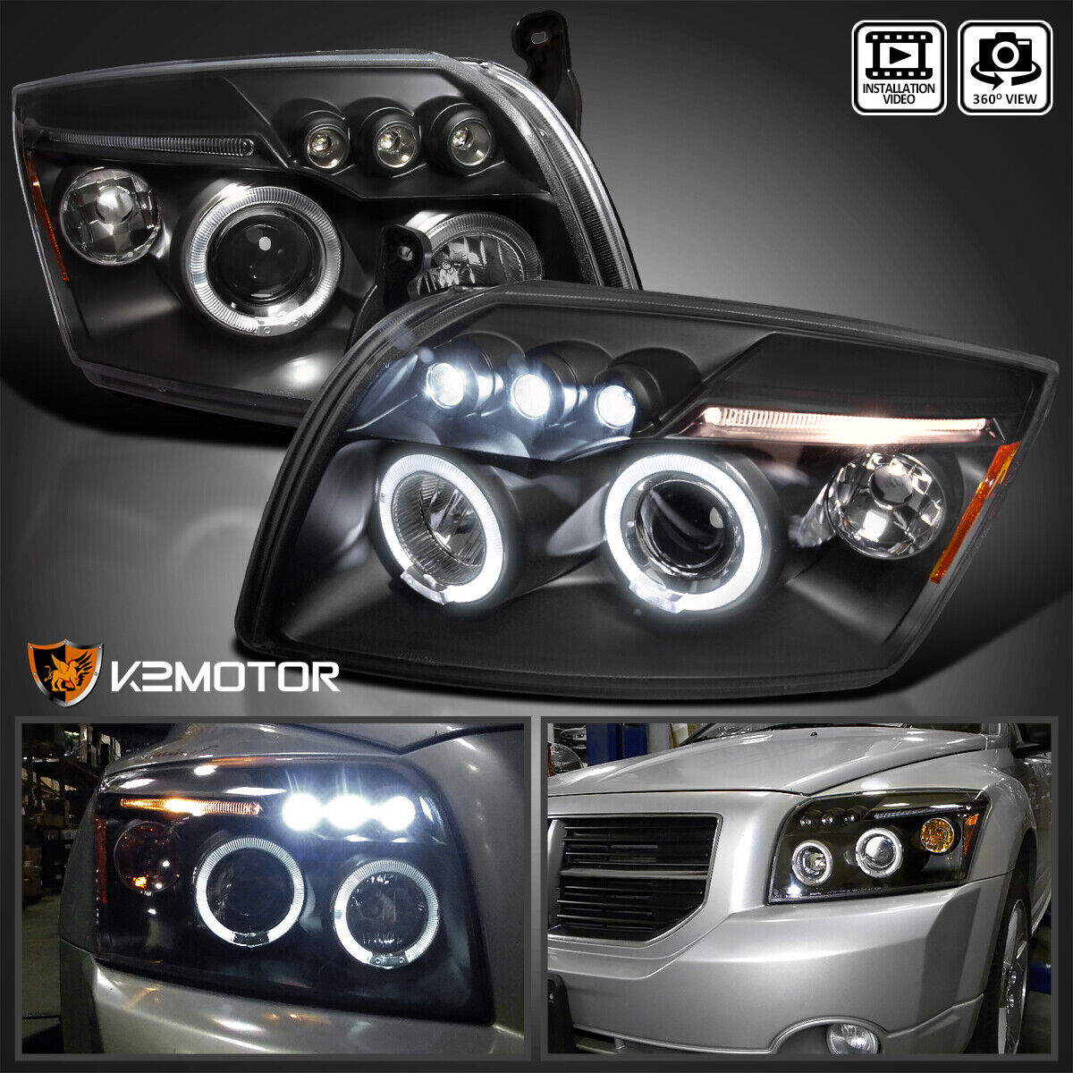 For 2007-2012 Dodge Caliber Black LED Halo Projector Headlights Lamps L+R 07-12