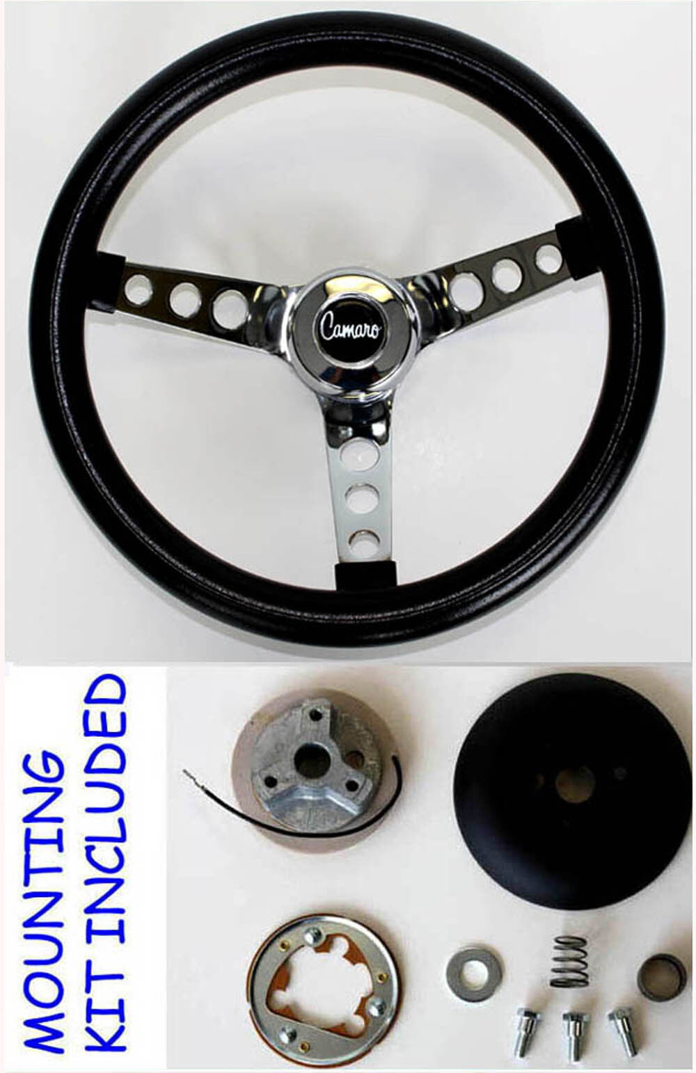 New 1969-1994 Camaro Grant Black and Chrome Steering Wheel 13 1/2 with horn kit