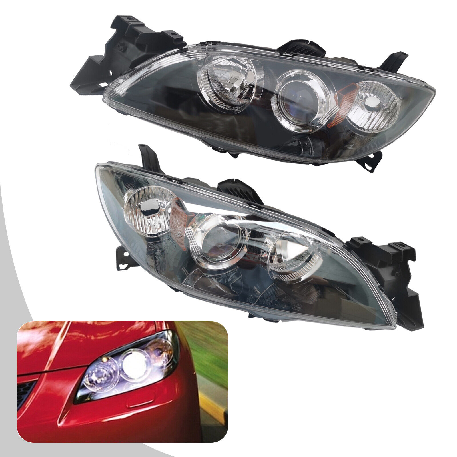 Halogen Headlights Front Lamps Pair Set for 04-09 Mazda 3 Left & Right