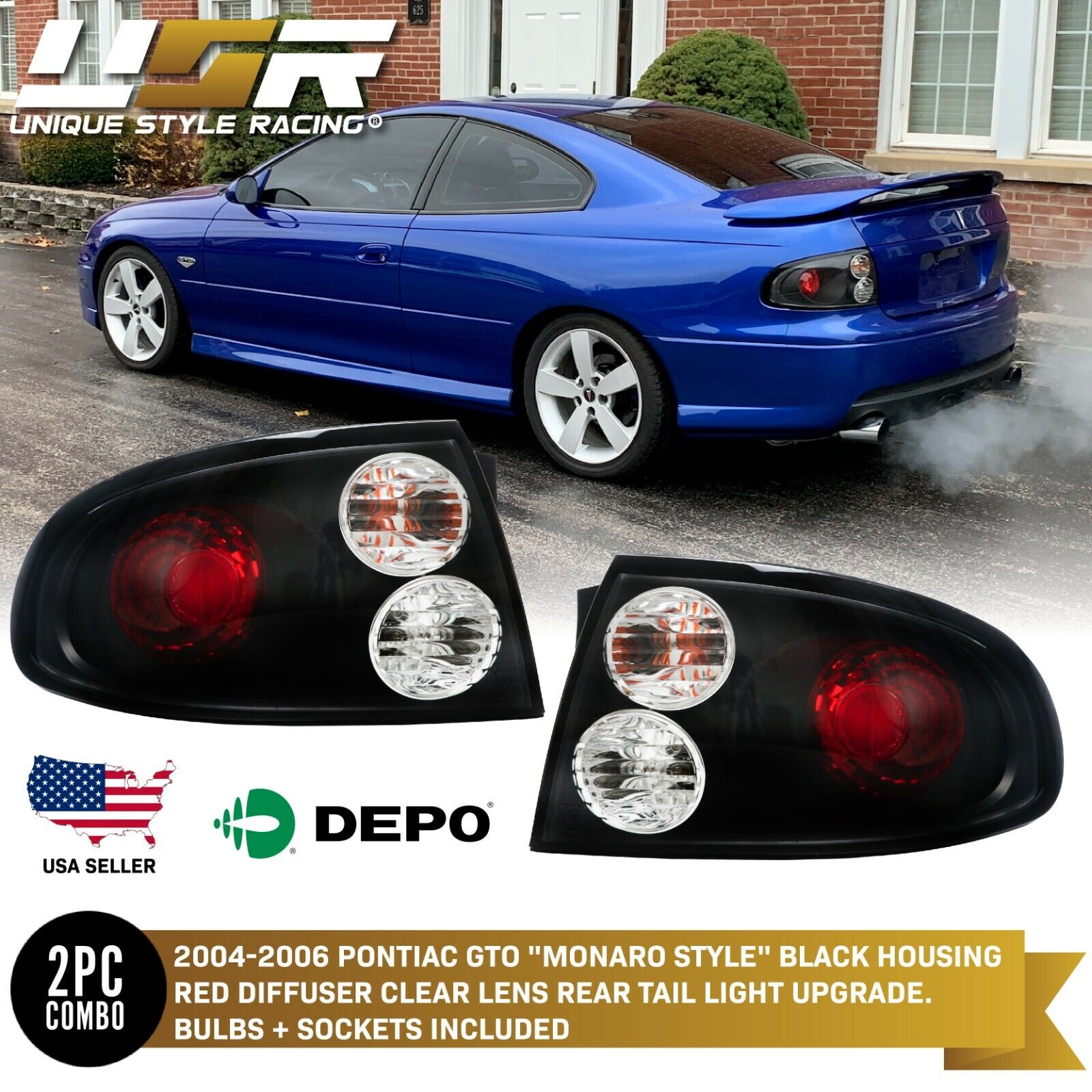 DEPO Red & Black w/ Clear Lens Rear Tail Light Pair For 2004-2006 Pontiac GTO