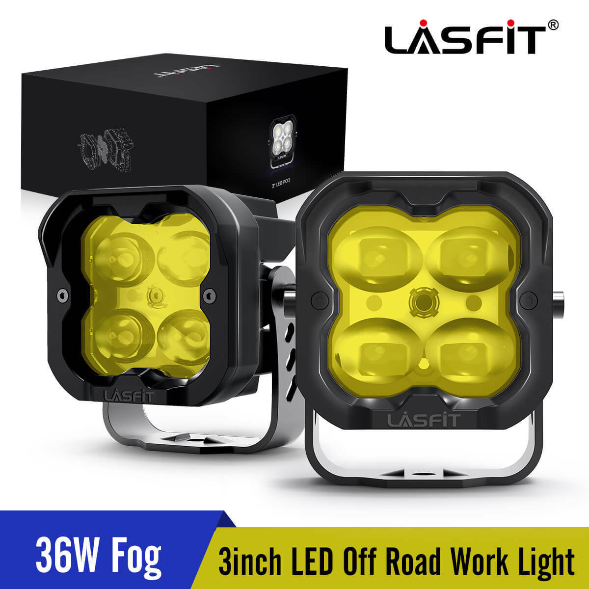 2x 3inch 36W LED Yellow Fog Lights Work Light Pods Offroad UTE Truck SUV