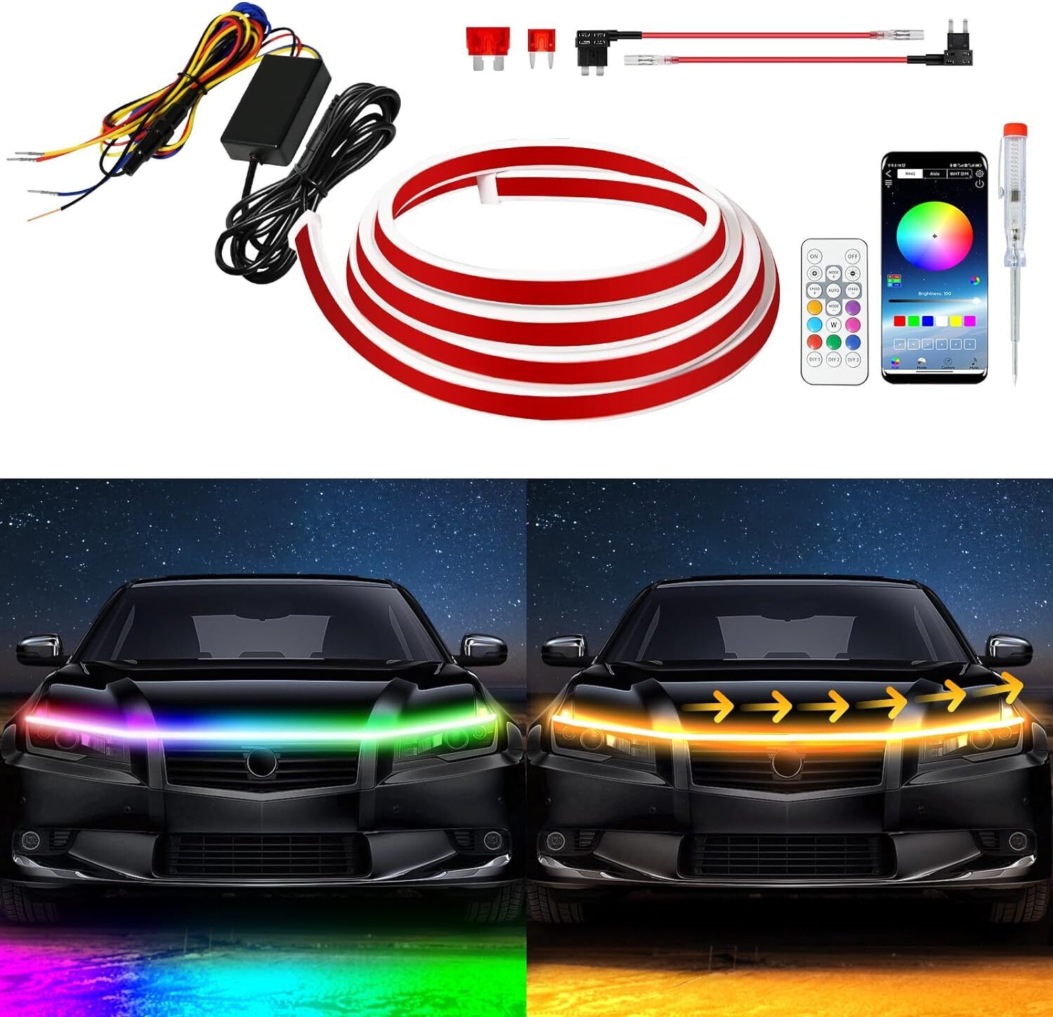 71\'\' RGB Start Scan Dynamic LED Car Truck Hood Light Strip Turn Lamp APP Remote 