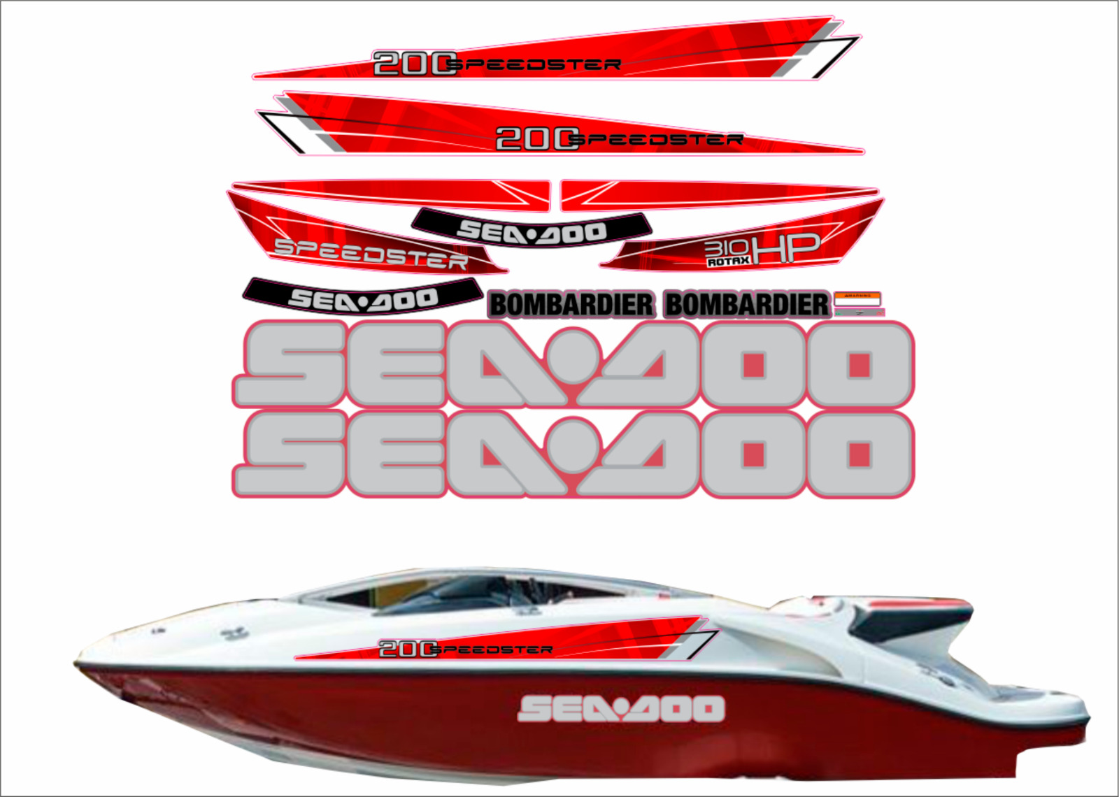 SEADOO SPEEDSTER 200 2004 - 2007 GRAPHICS /DECAL / Sticker KIT 310HP