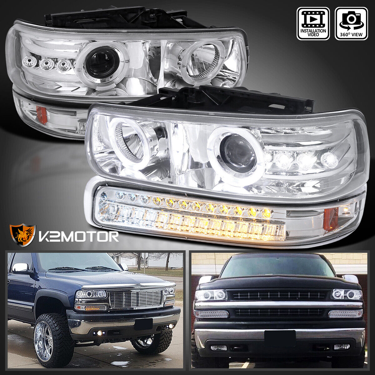 Fits 1999-2002 Chevy Silverado 00-06 Tahoe Projector Headlights+LED Bumper Lamps