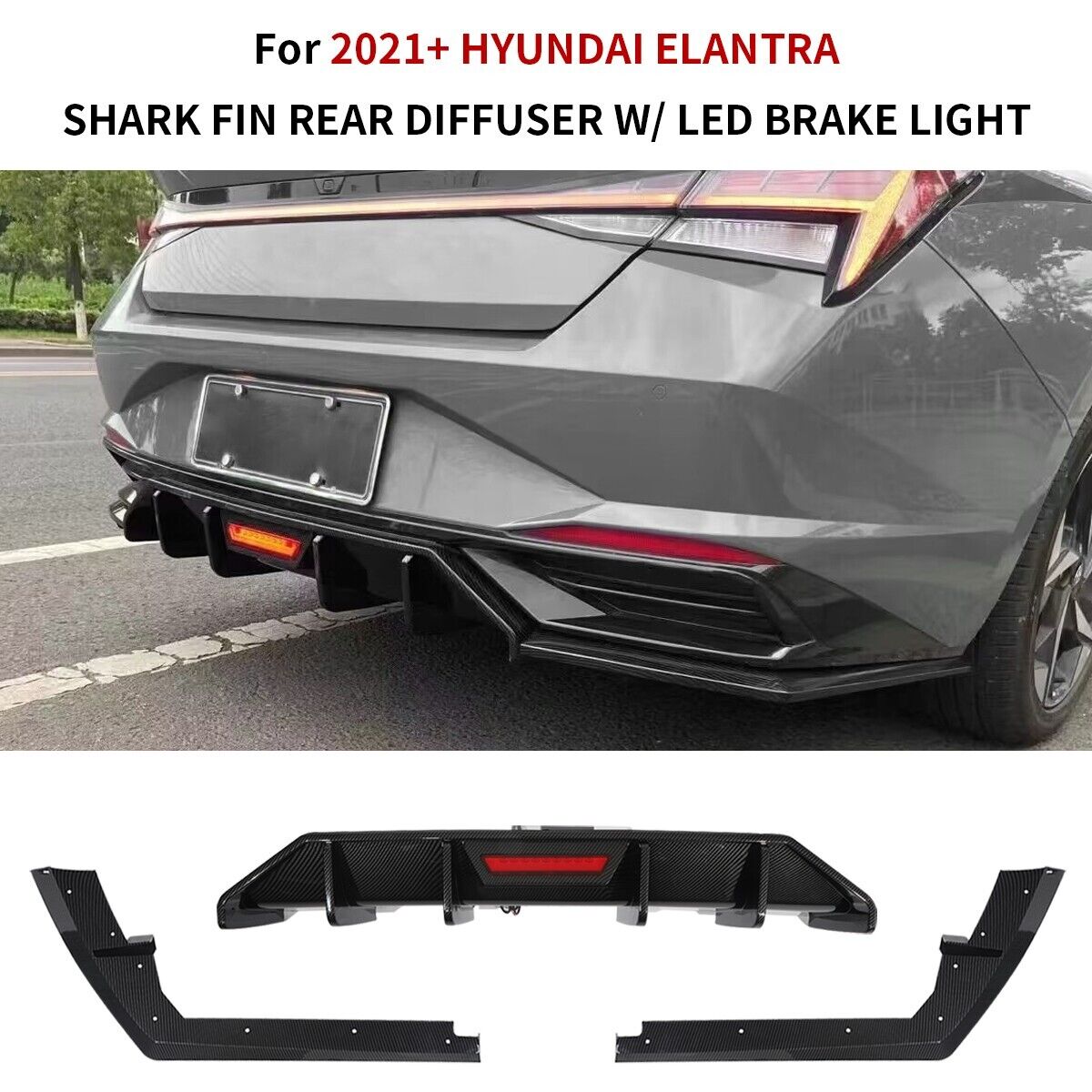For 2021 2022 Hyundai Elantra Carbon Fiber Look Rear Diffuser + LED Brake Light 
