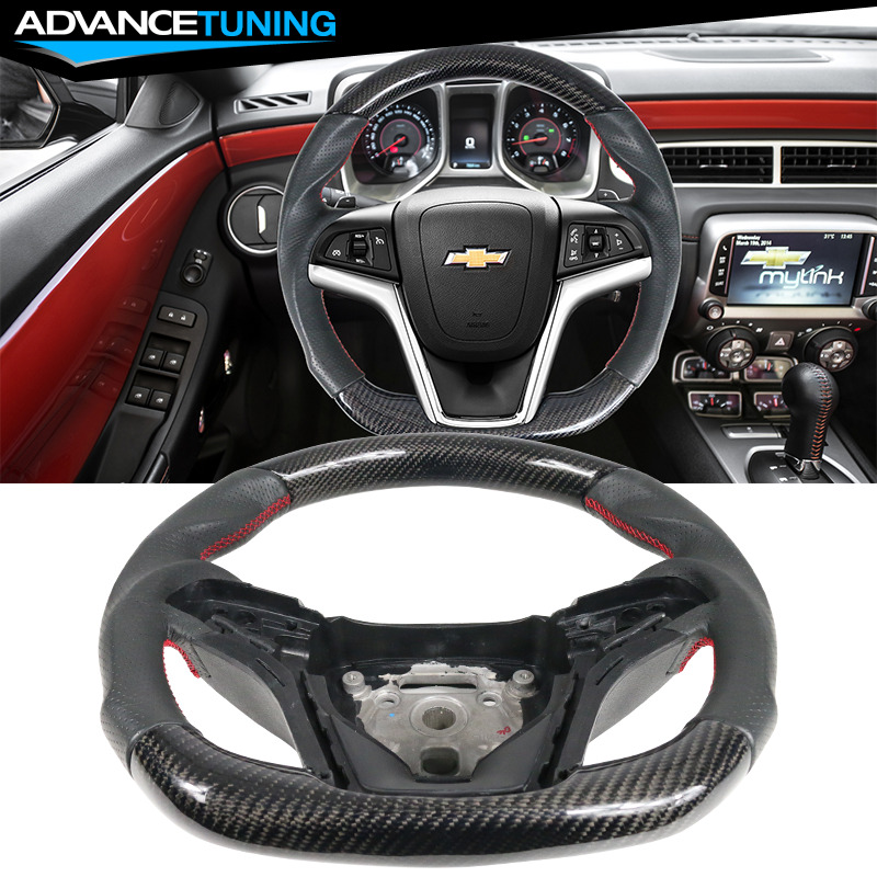 Fits 12-15 Chevy Camaro CF & Perforated Leather Steering Wheel W/ Red Stitching