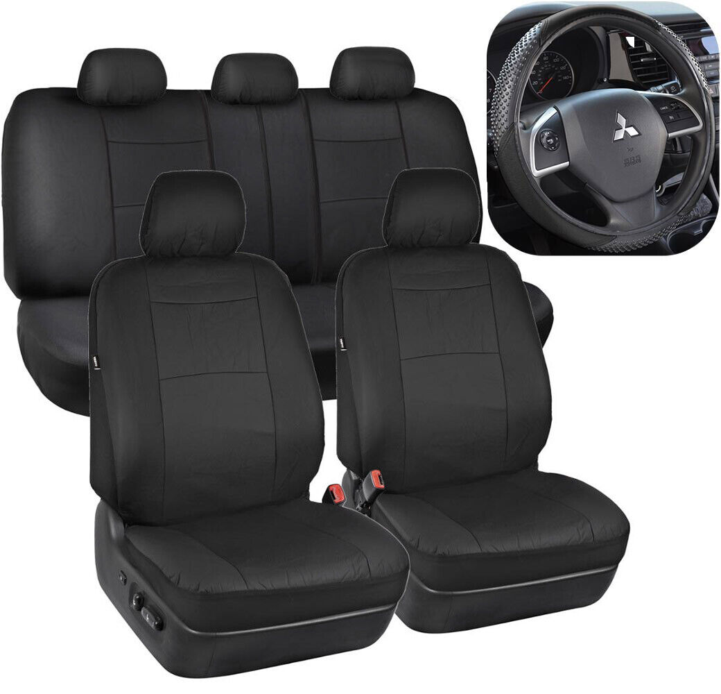 Black Synthetic Leather Seat Covers for Car SUV Auto w/ Steering Wheel Cover