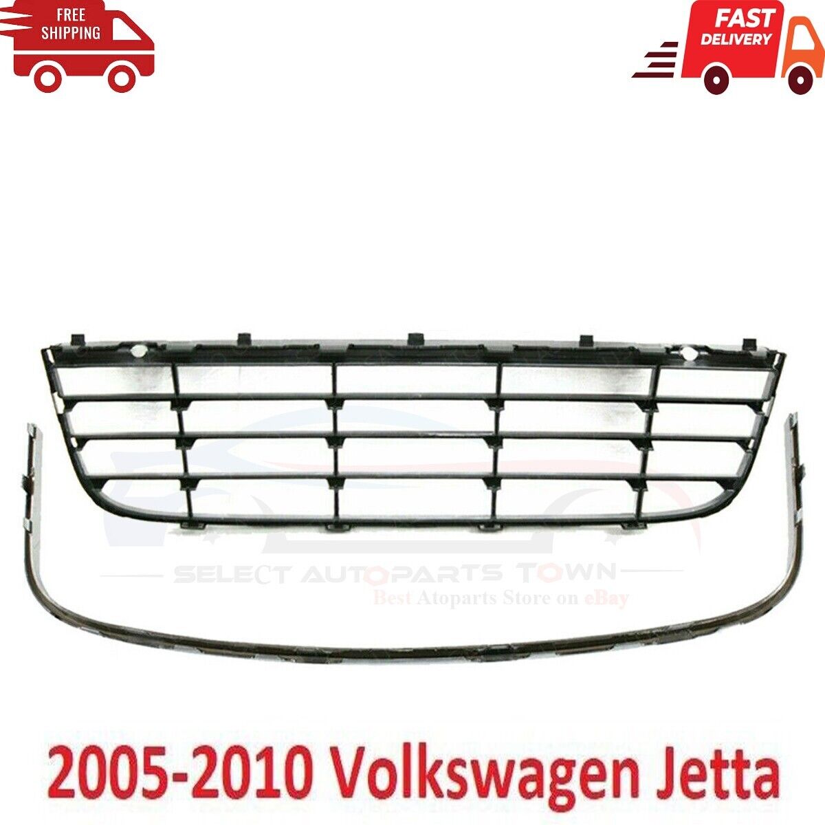 New Fits 2005-2010 Volkswagen Jetta Front Bumper Lower Grille & Chrome Trim Set