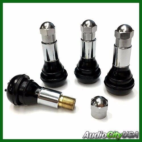 TR413 SNAP-IN TIRE VALVE STEMS WITH CAPS CHROME SLEEVE BLACK RUBBER (4 pcs)