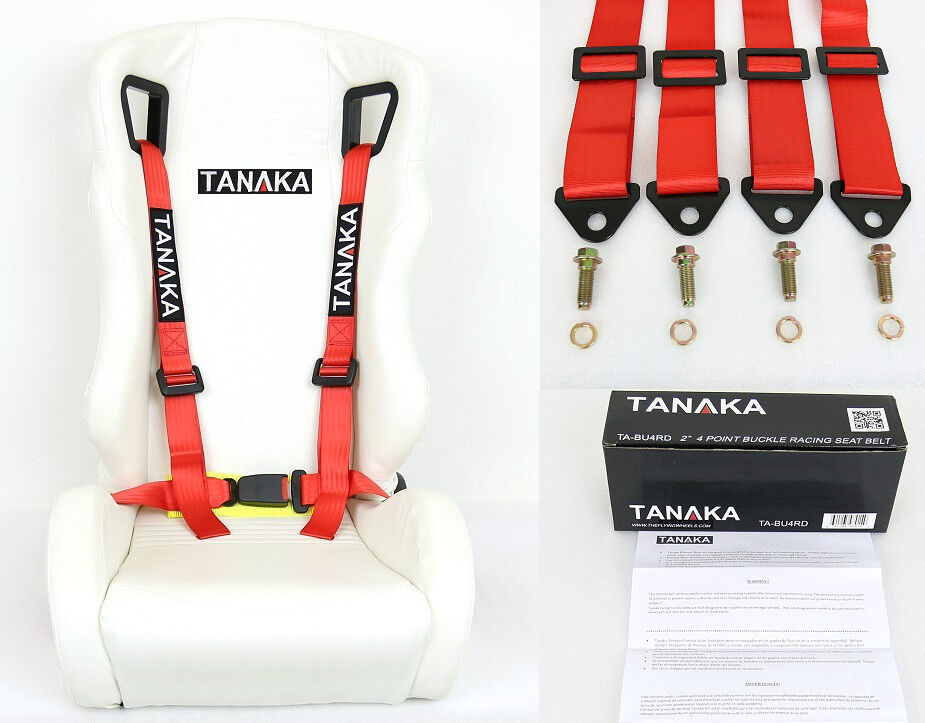 1 TANAKA UNIVERSAL RED 4 POINT BUCKLE RACING SEAT BELT HARNESS 2\
