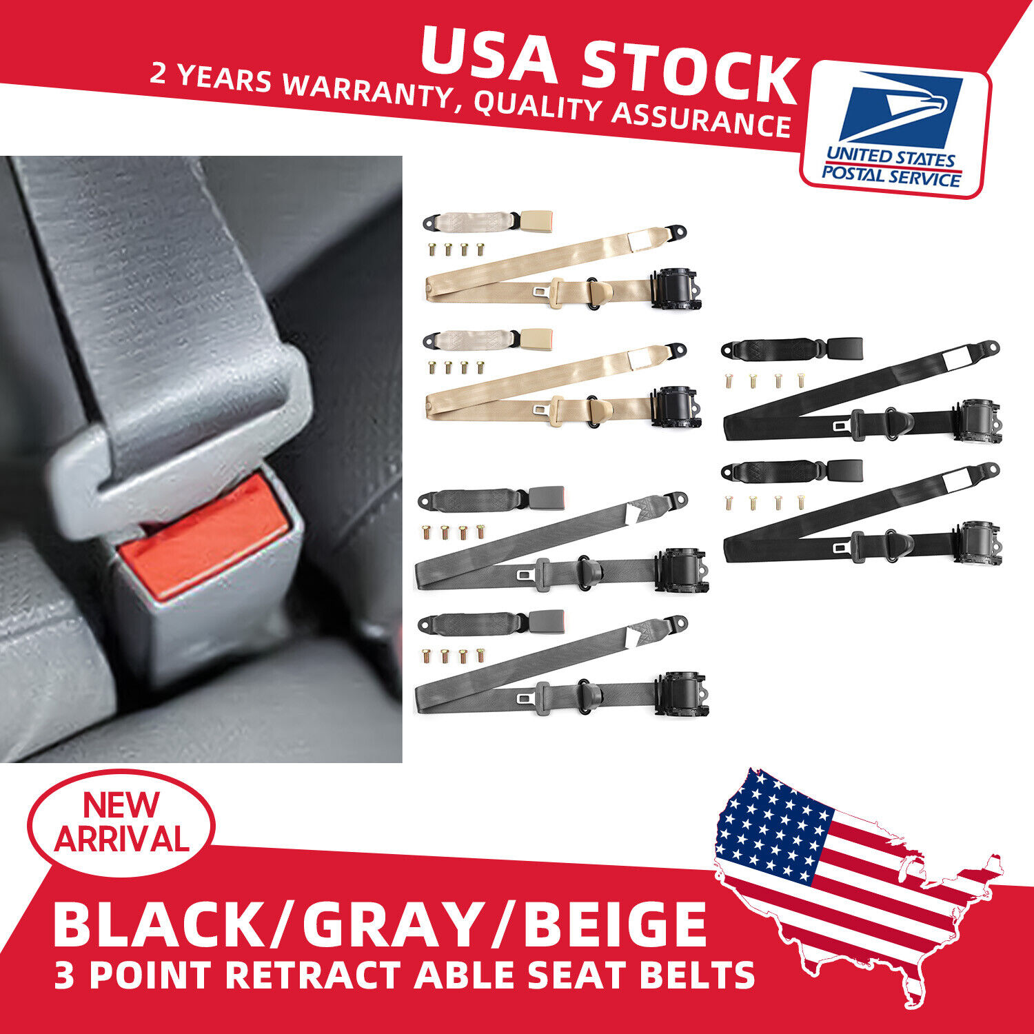 Adjustable Universal 3 Point Retractable Auto Car Seat Belt Lap Shoulder