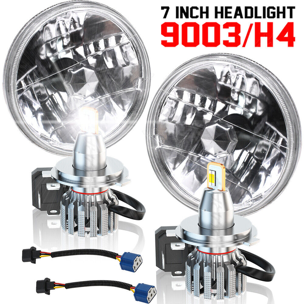 7 Inch Round Sealed Beam Glass Clear Lens Headlights H4 Bulbs H6024 H6014 Pair