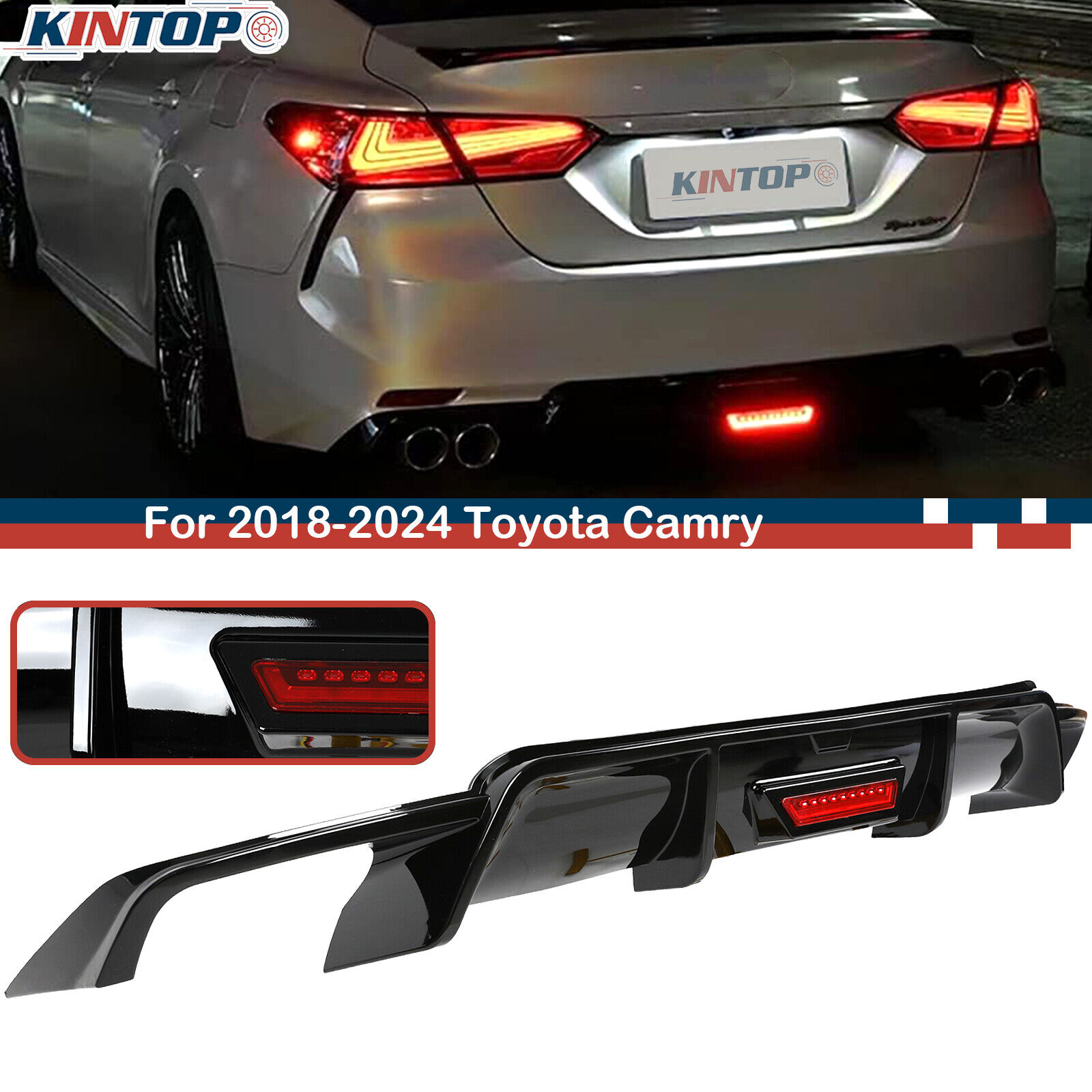 Rear Bumper Diffuser for 2018-2024 Toyota Camry SE XSE Glossy Black W/ LED Light