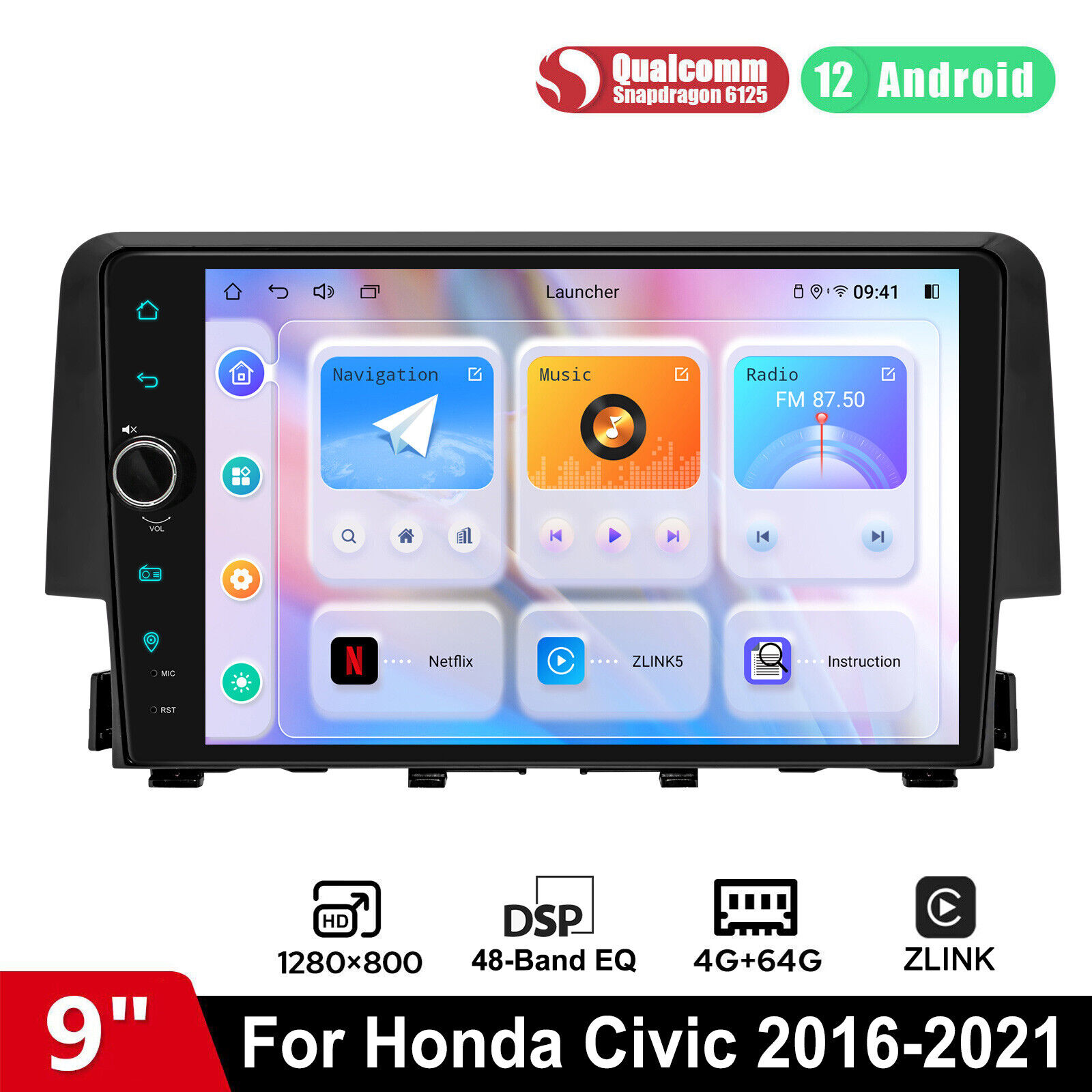 9 inch Plug & Play JOYING Carplay Android 12 Car Radio For Honda Civic 2016-2021