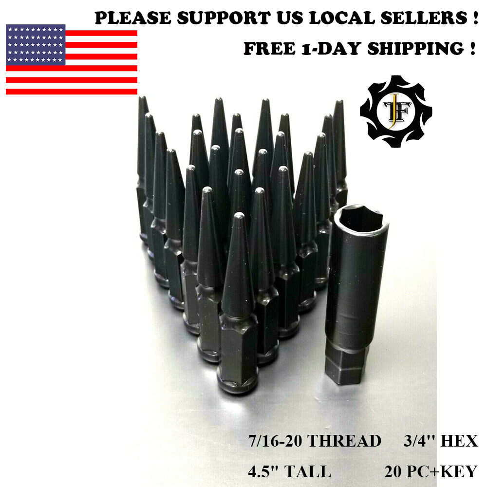 20PC+KEY 7/16-20 FOR CLASSIC CHEVROLET BLACK CONICAL SEAT SPIKE WHEEL LUG NUT