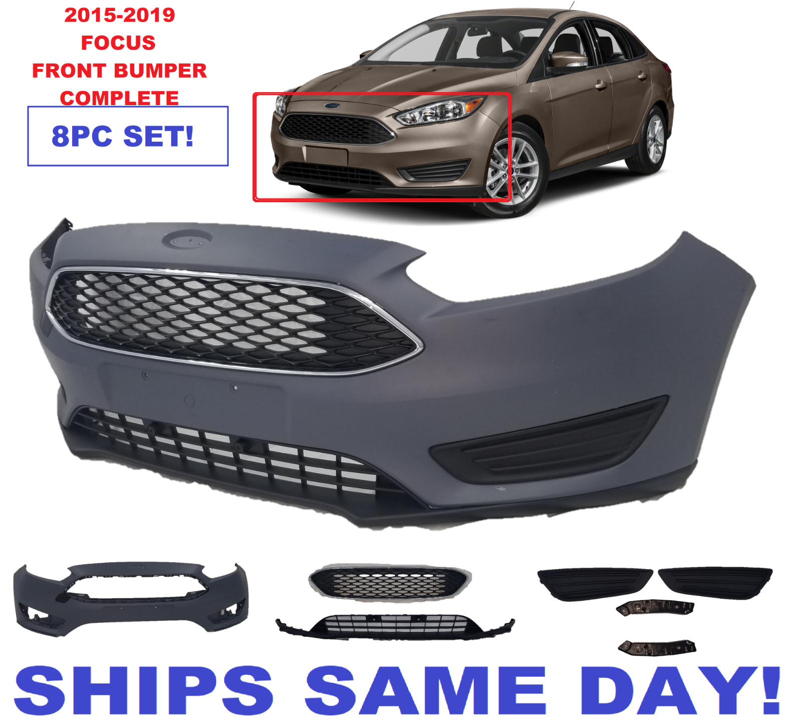2015-2019  FORD FOCUS front BUMPER COVER WITH GRILLS AND FOG LIGHT COVER SE SEL 