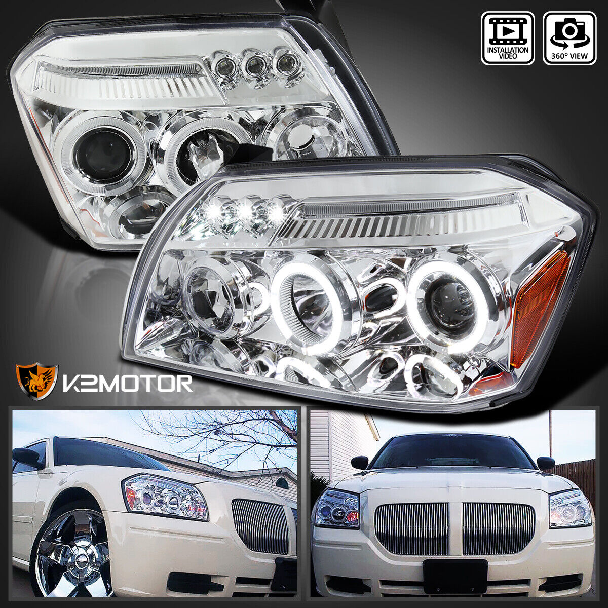 Clear Fits 2005-2007 Dodge Magnum LED Halo Projector Headlights Lamps Left+Right