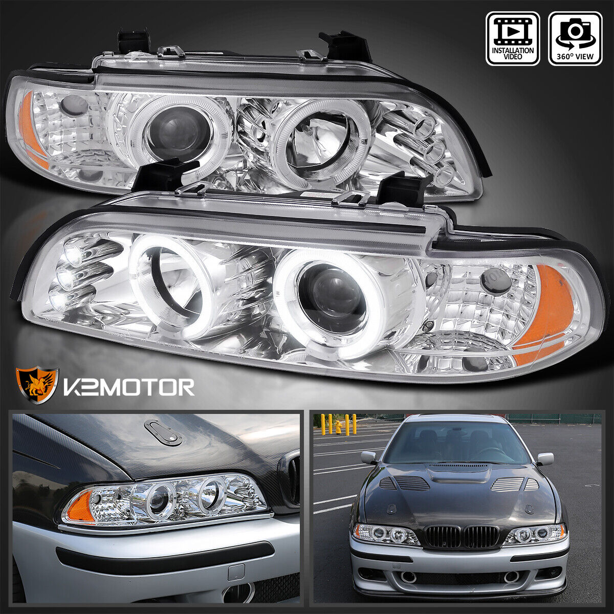 Fits 1996-2003 BMW E39 525i 528i 530i LED Halo Projector Headlights Lamps 96-03